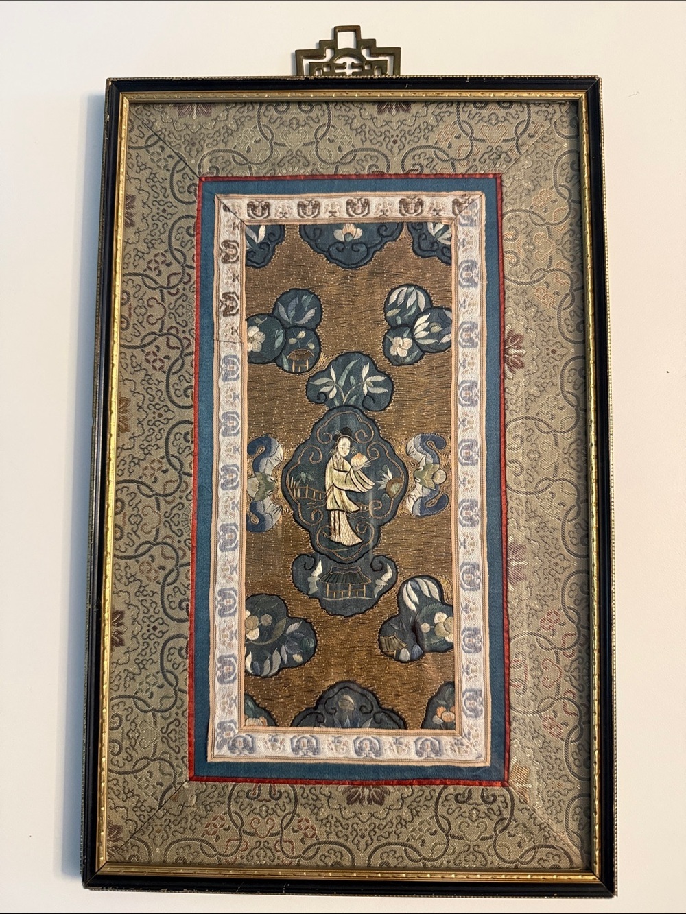 Vintage Chinese Silk Embroidery Framed by Wah Cheong Hong Kong MCM Brass hanger